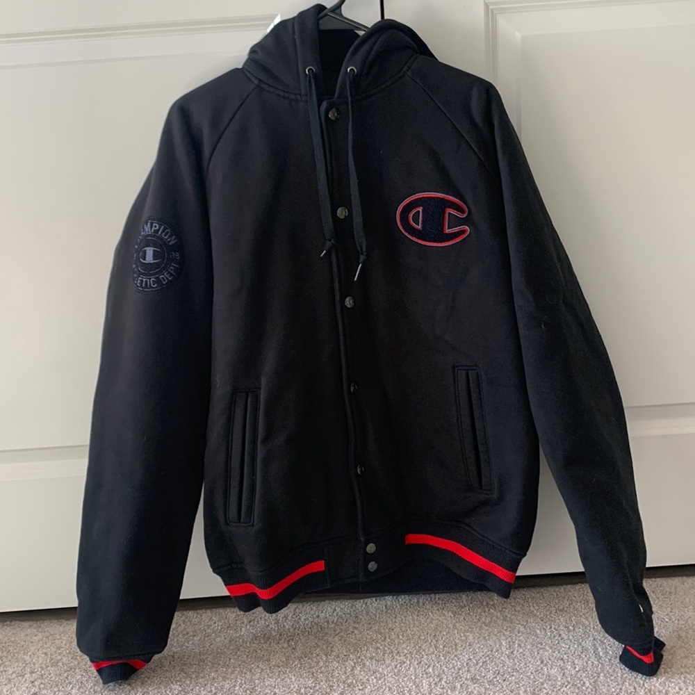 Champion Varsity Black and Red Hoodie Button Up